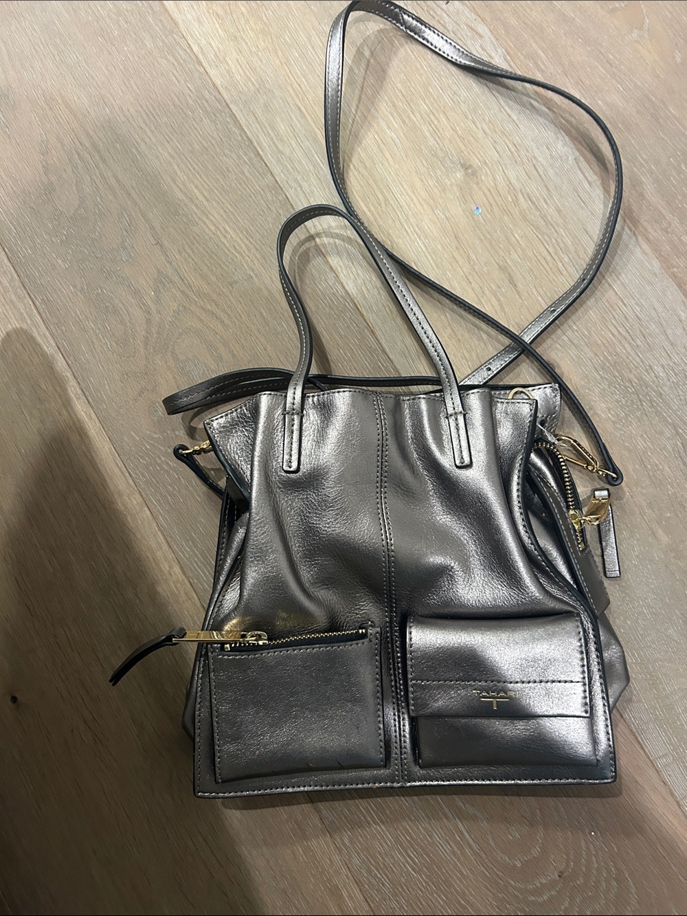 Tahari Metallic Gray Leather Shoulder Bag with Front Pockets